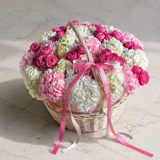 white and pink hydrangea basket