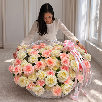 Large white basket filled with luxury Pink and White O'Hara garden roses by Dubai Roses