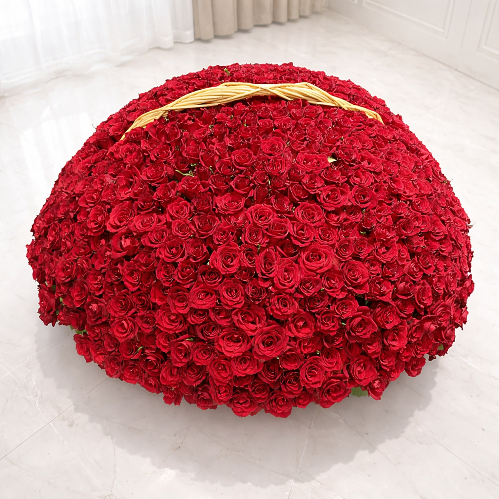 An exceptionally large, dome-shaped arrangement of 1000 fresh red roses in a grand wicker basket.