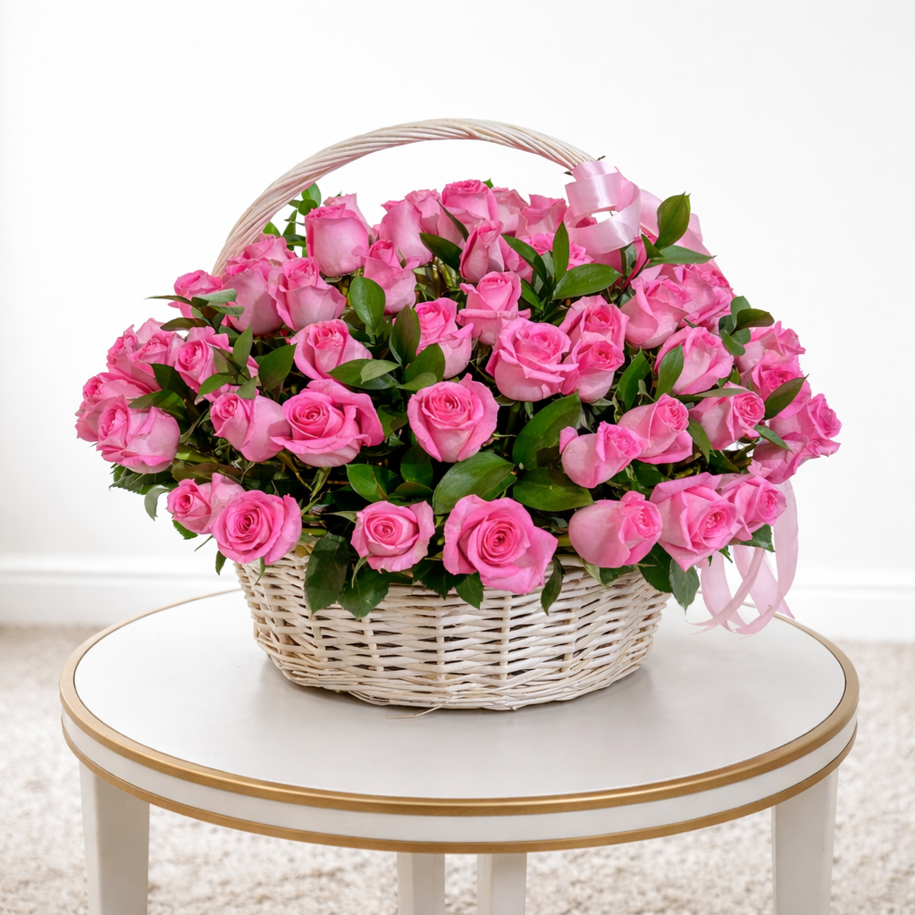 Basket of 100 pink roses on a small round table with a white background