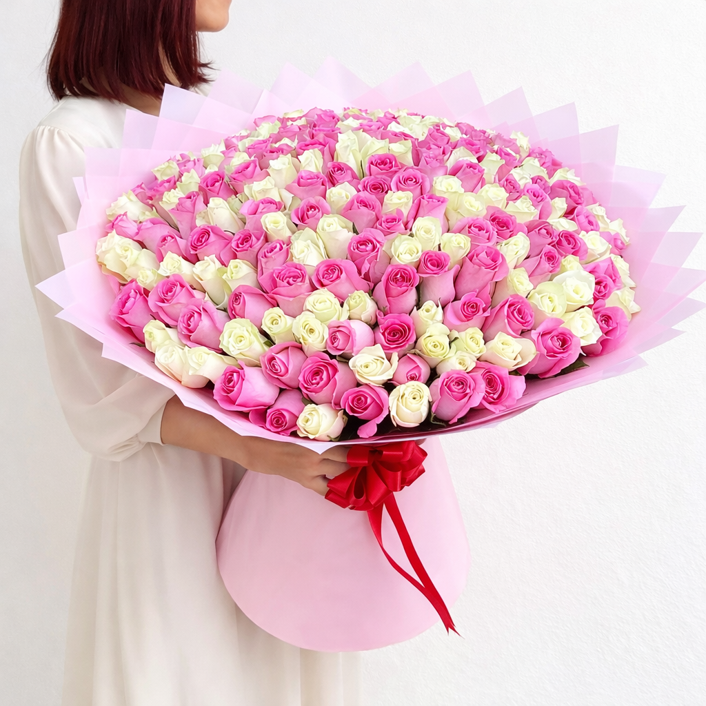 200 white and pink roses bouquet