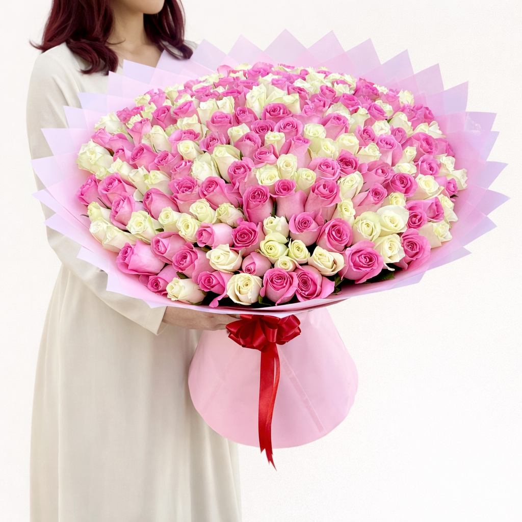 200 white and pink roses bouquet