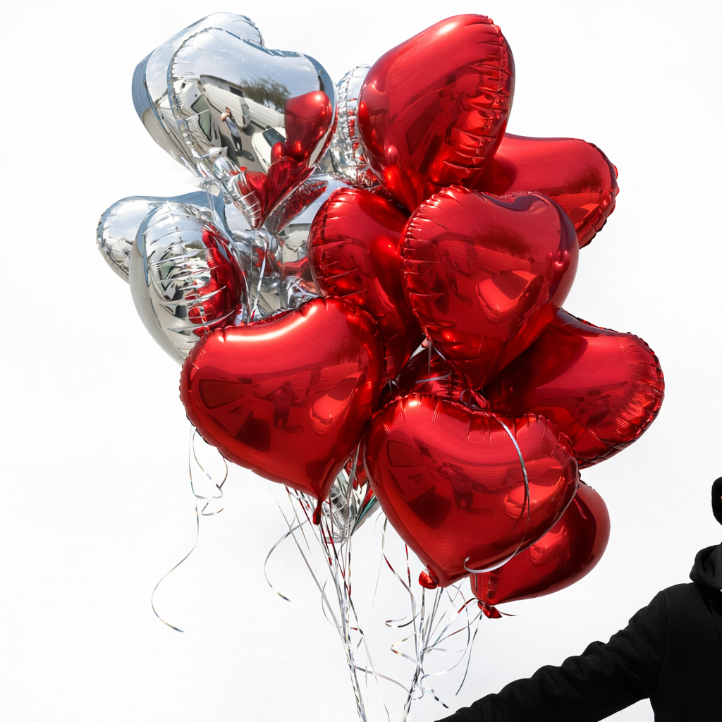 21 red and silver heart balloons