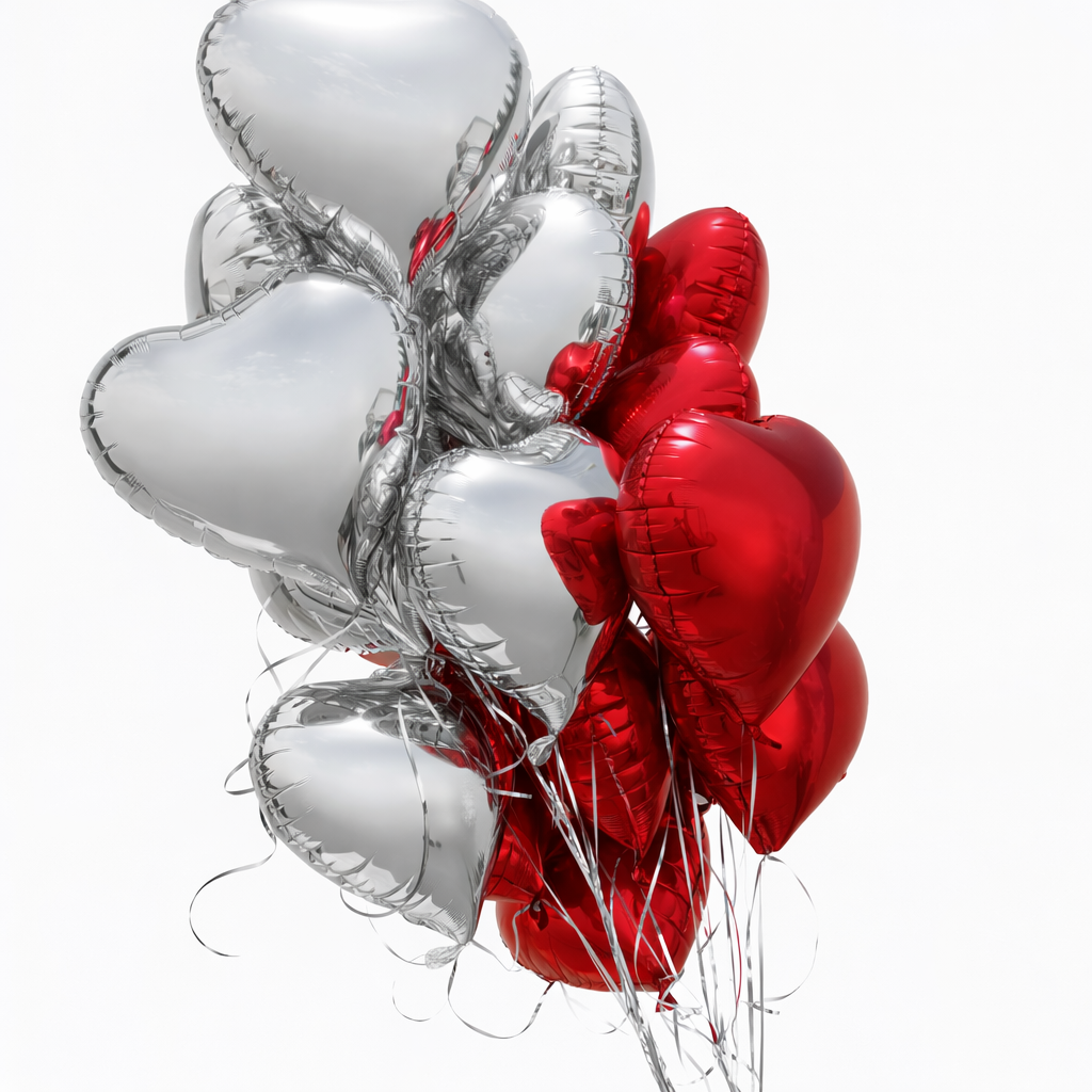 21 red and silver heart balloons