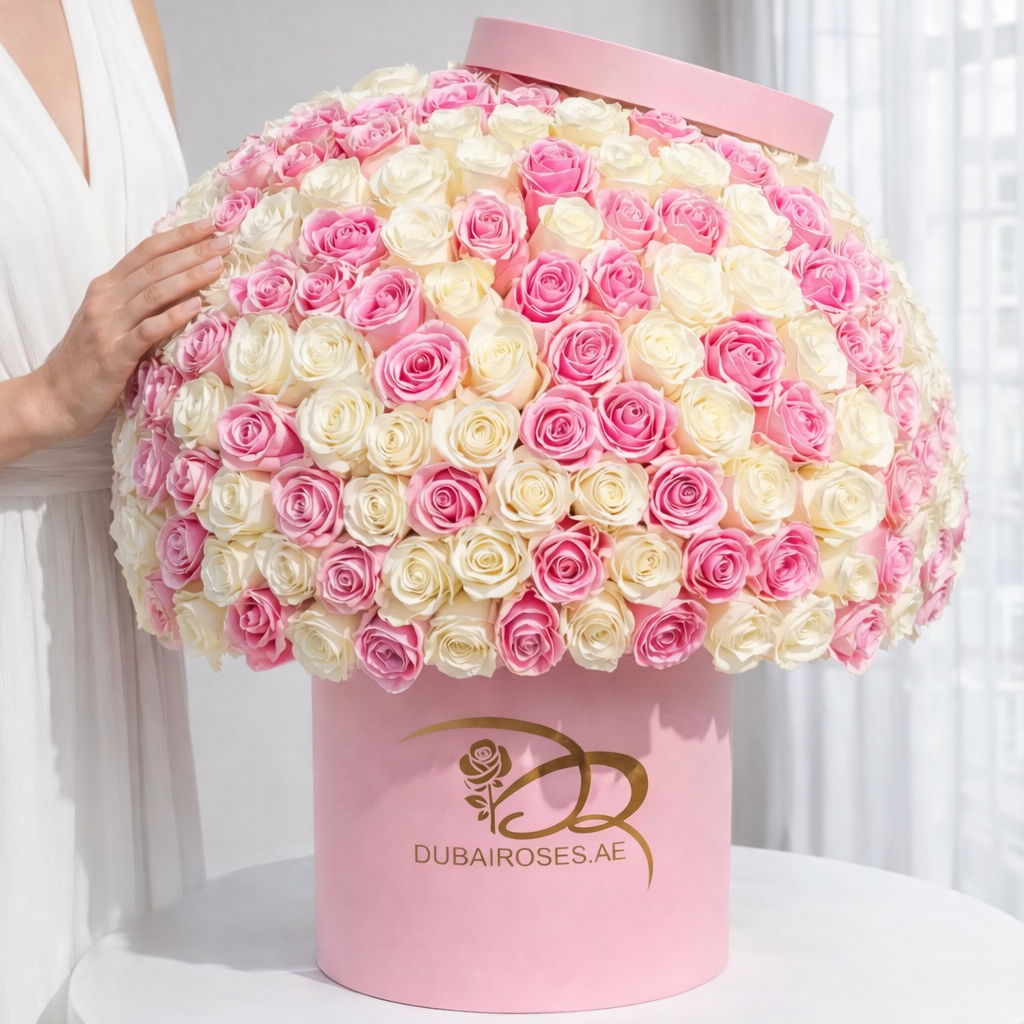 Pink and white rose arrangement in a box on a white background