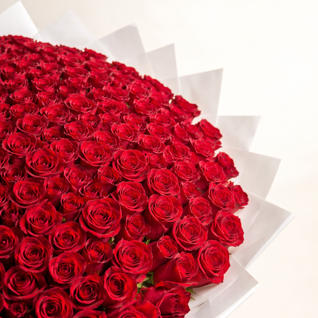 A massive, grand-scale luxury bouquet featuring 300 fresh red roses wrapped in premium white pleated paper and finished with signature red silk ribbons.