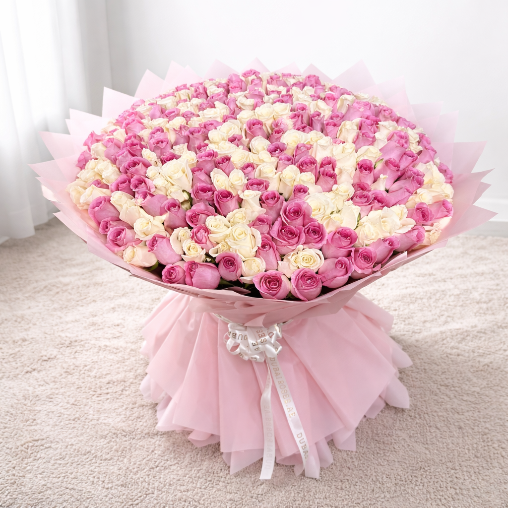 200 white and pink roses bouquet