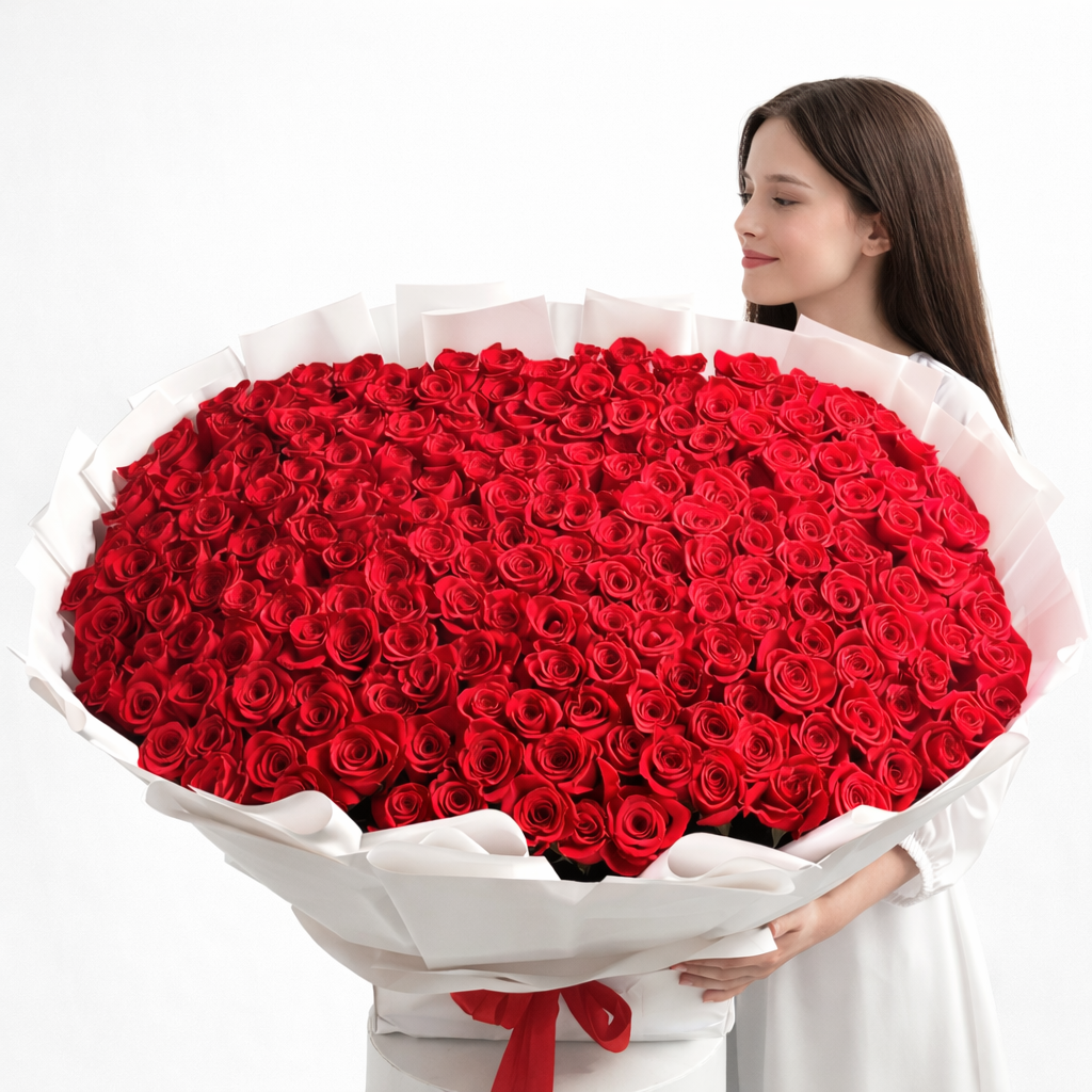 a woman holding a large bouquet of red roses in a white wrapping paper against a white background