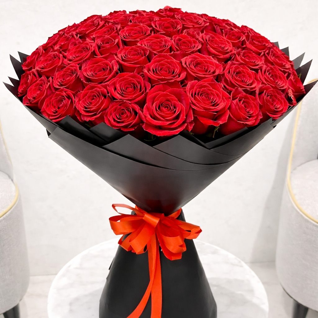 a bouquet of 100 red roses in black wrapping placed in a stand against a white wall