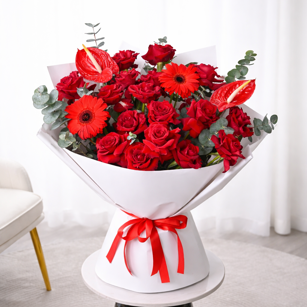A lady holding a large bouquet of french red roses with red gerberas and red anthurium with eucalyptus against a white background