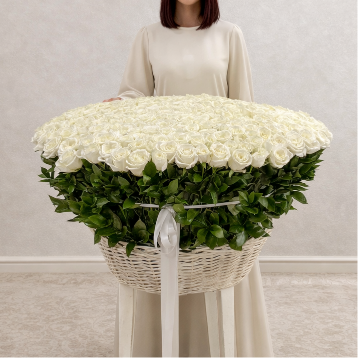 A massive, grand-scale white wicker basket overflowing with 300 fresh, premium white roses and lush greenery, held by a woman in a white dress.