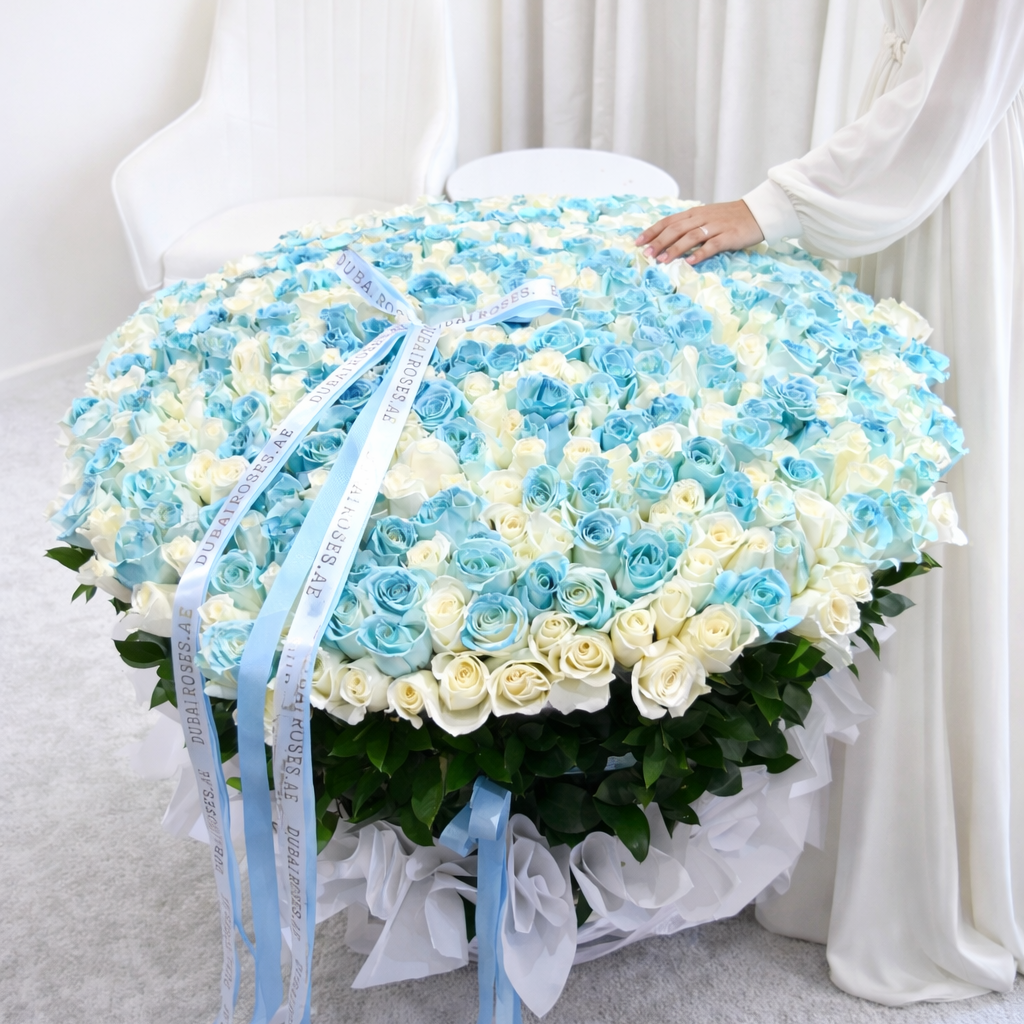 Floral arrangement in a basket with blue and white flowers on a light gray background