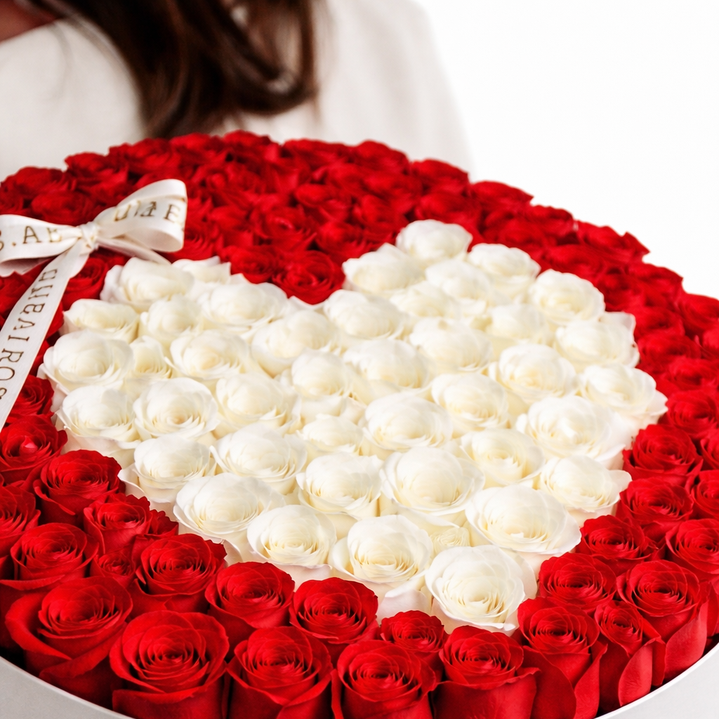 close up photo of red roses with white roses in heart shape in middle