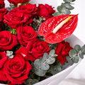 A closeup photo of french red flowers including roses, and anthurium on a white background