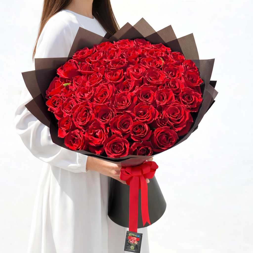 a lady with straight hair and white dress holding a 50 red roses bouquet in black wrapping paper