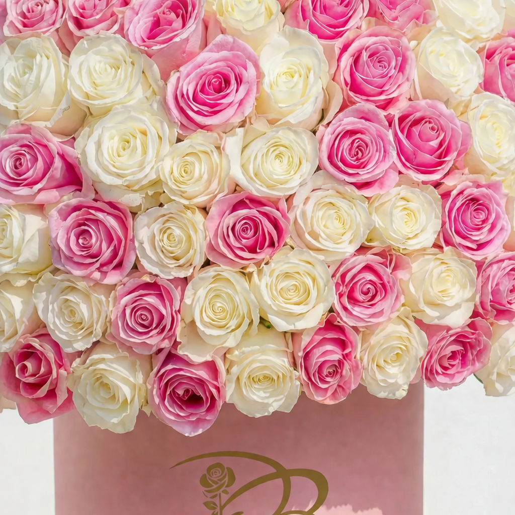 A closeup photo of premium white and pink roses in a pink box