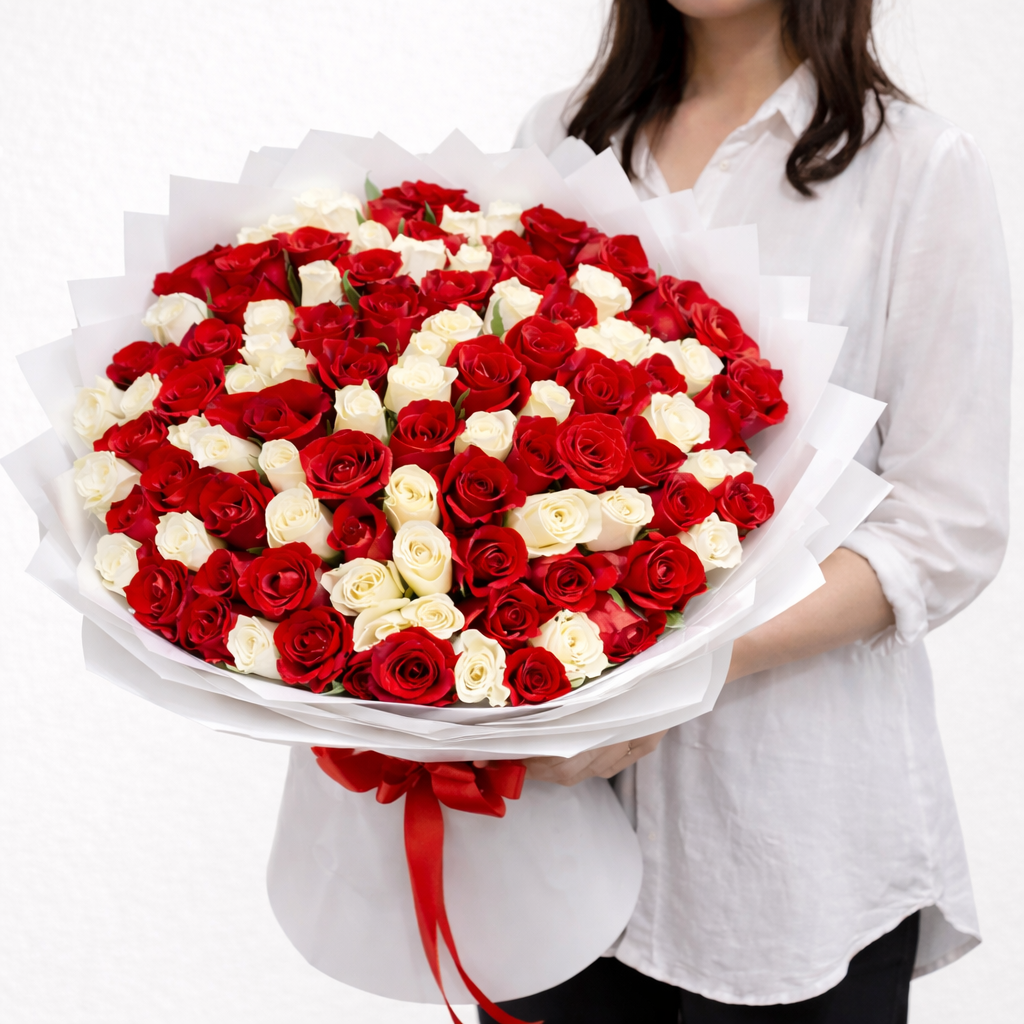 a lady in white long sleeve polo shirt hlding a 100 roses of red and white roses bouquet with white wrapping color