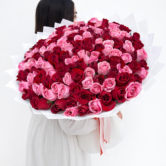 A massive, grand-scale luxury bouquet featuring a dense mix of 100 fresh red and pink roses wrapped in premium white pleated paper and finished with elegant ribbons.