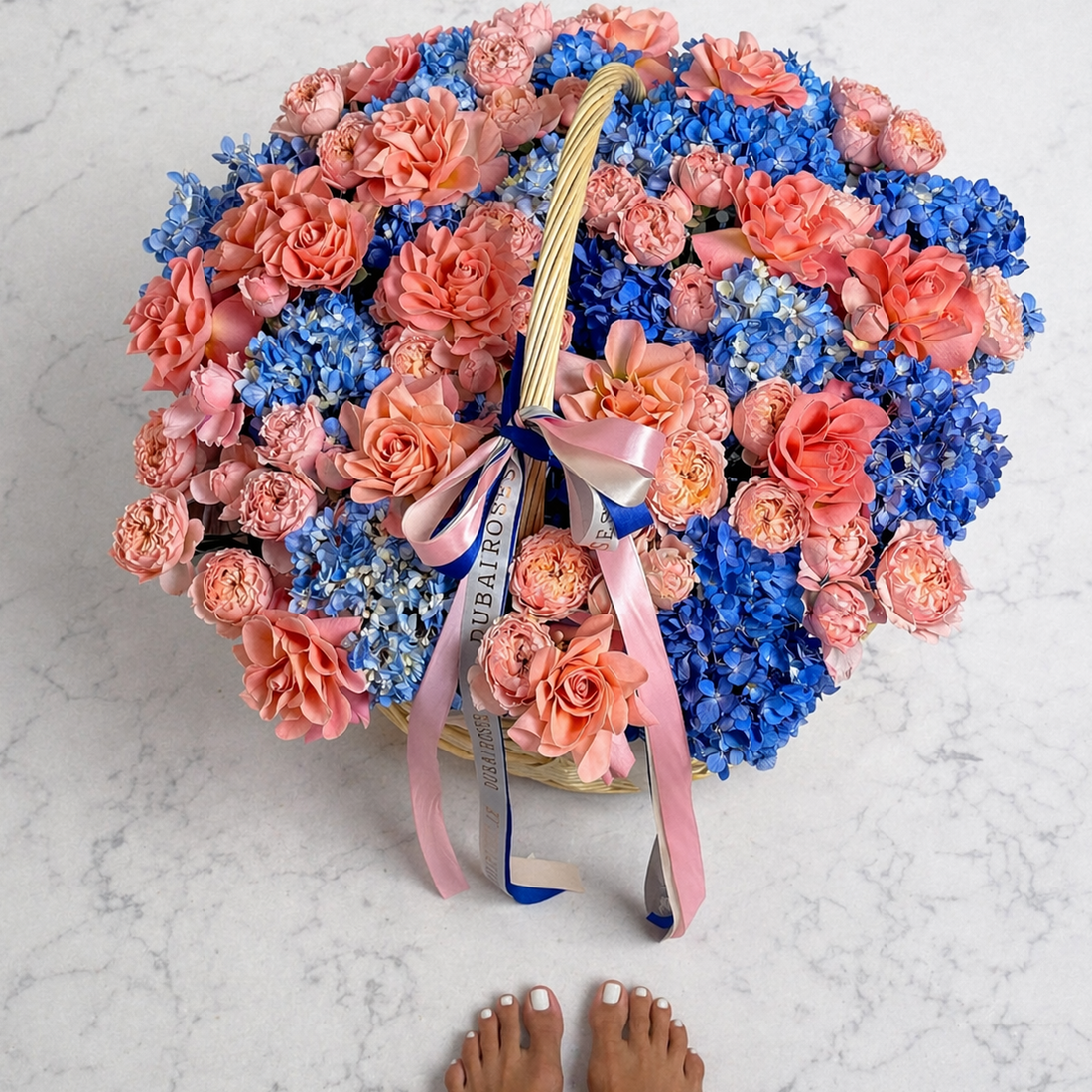 blue hydrangea with french hermosa basket