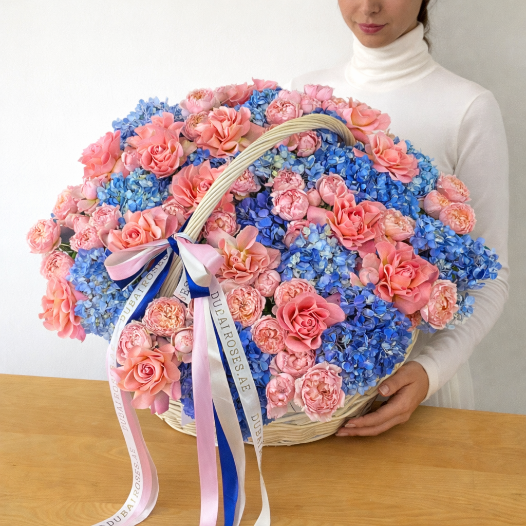 blue hydrangea with french hermosa basket