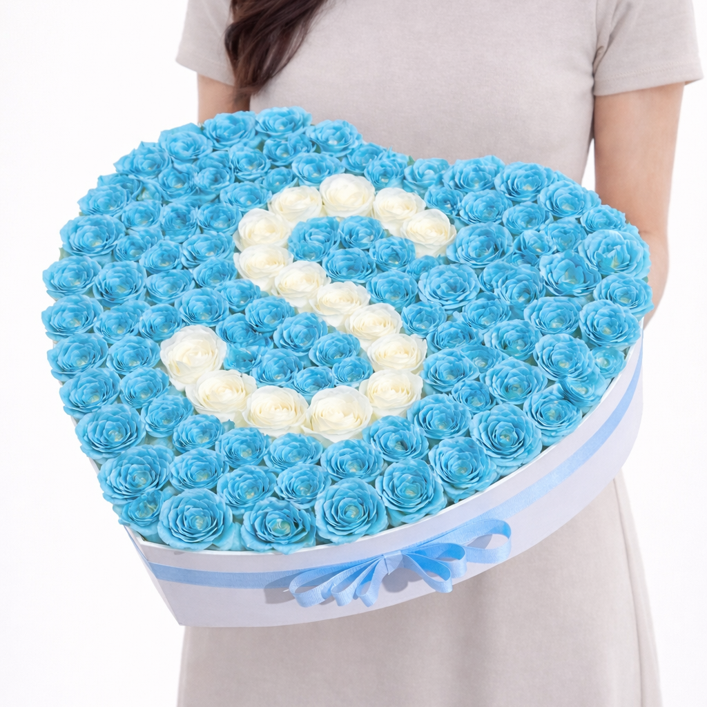 blue roses in heart box with letter S