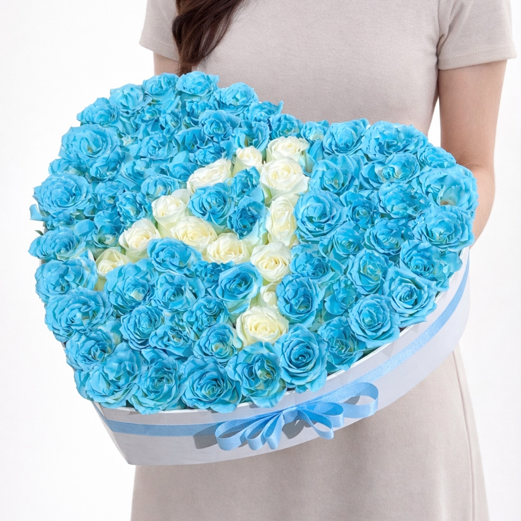 blue roses in heart box with letter A