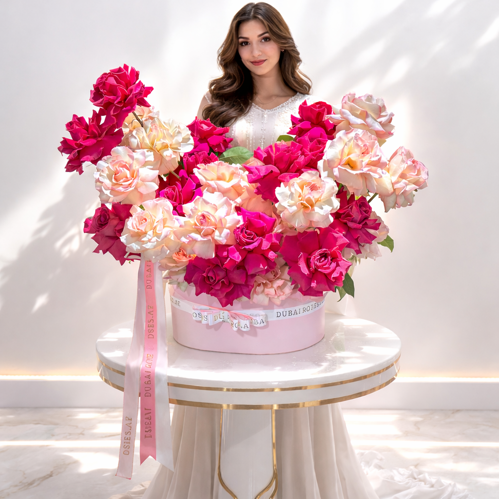 Pink and white flowers in a decorative box on a small round table with a white background