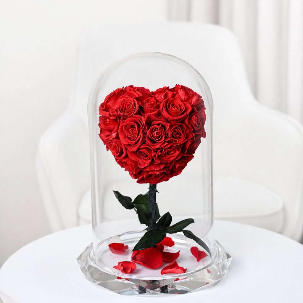 red heart preserved roses in glass