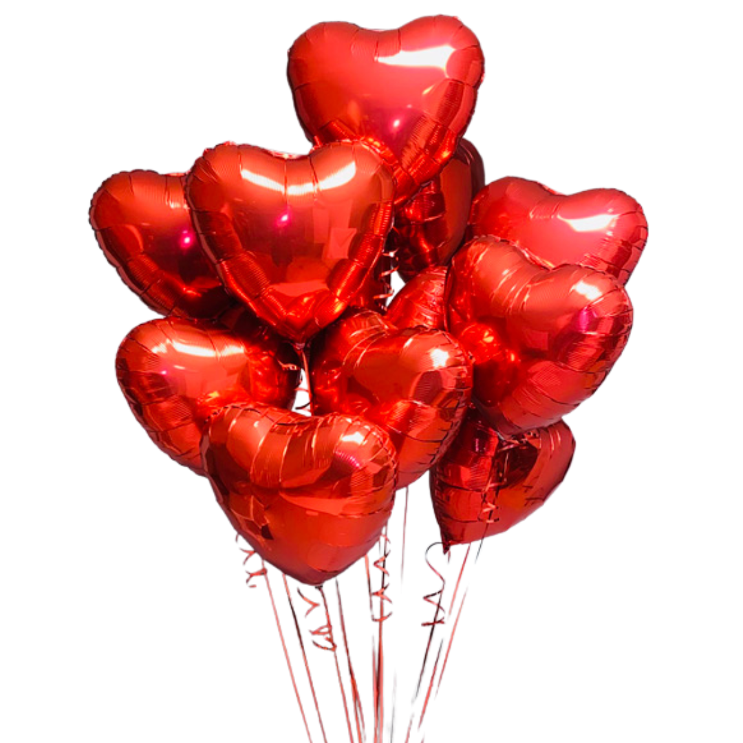 Several floating red heart balloons with a glossy metallic surface, perfect for romantic decor.