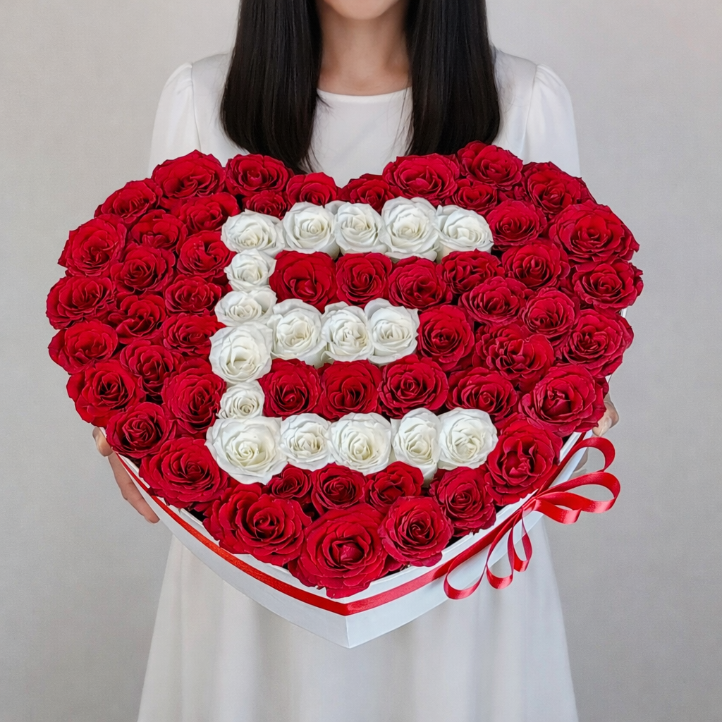 a lady holding a white heart box of red roses with letter E in the middle using white roses against a white background