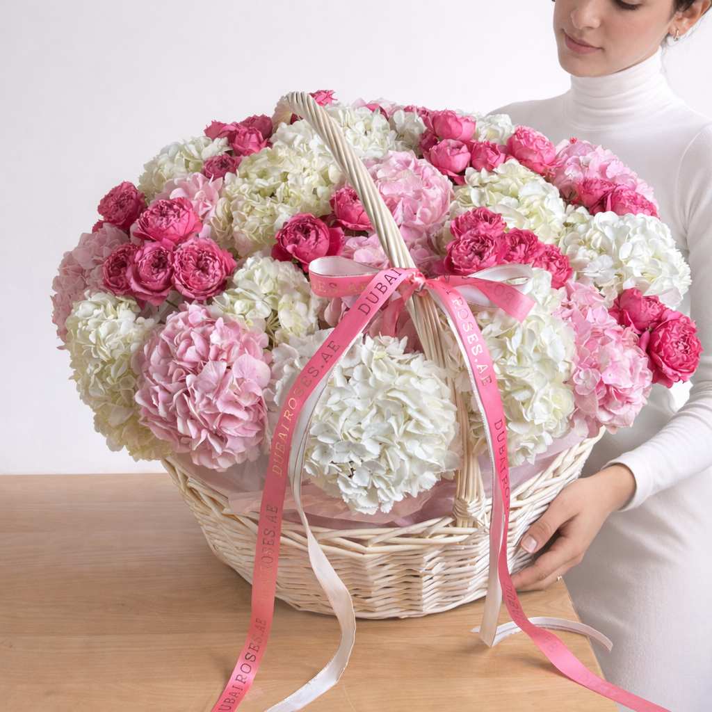 white and pink hydrangea basket
