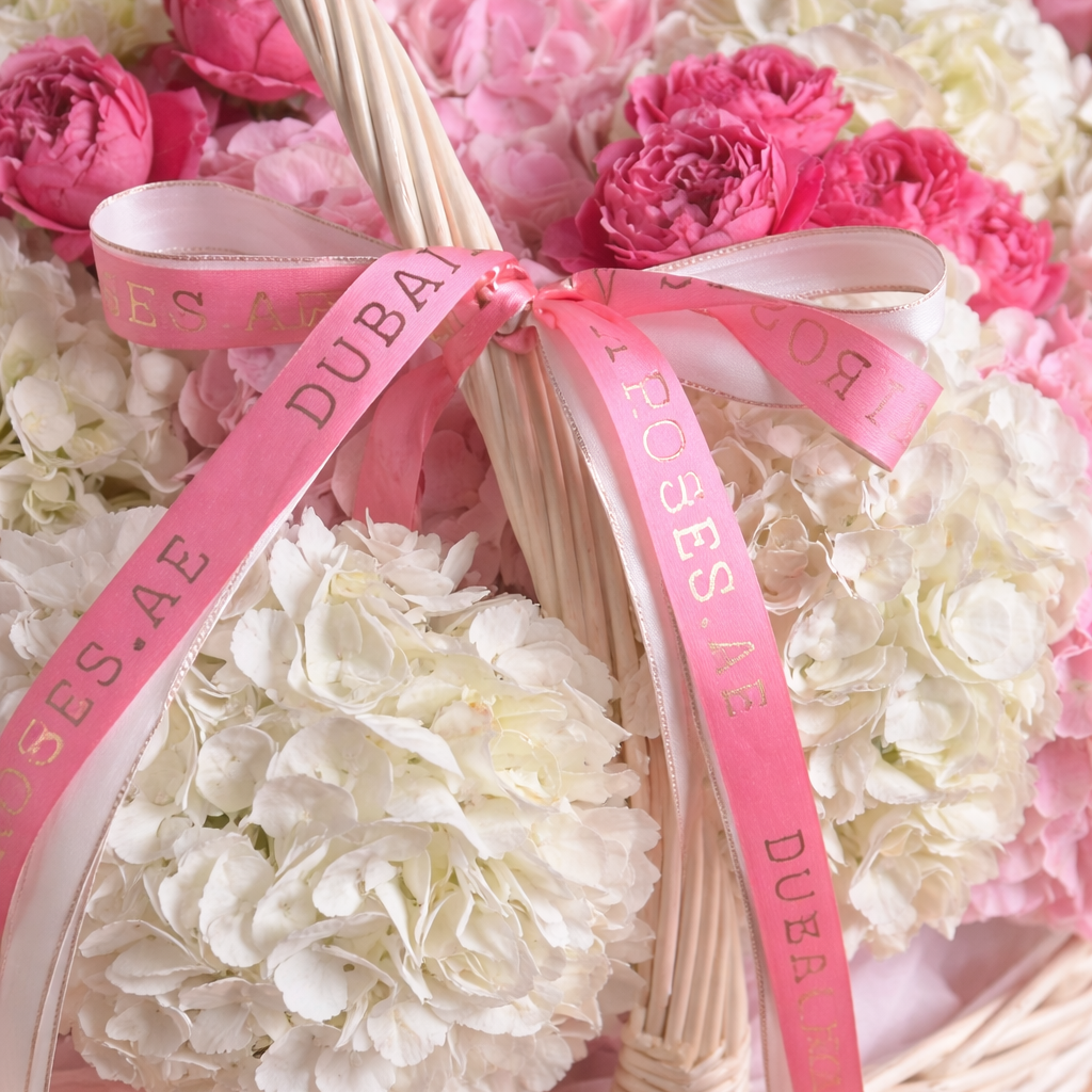 white and pink hydrangea basket