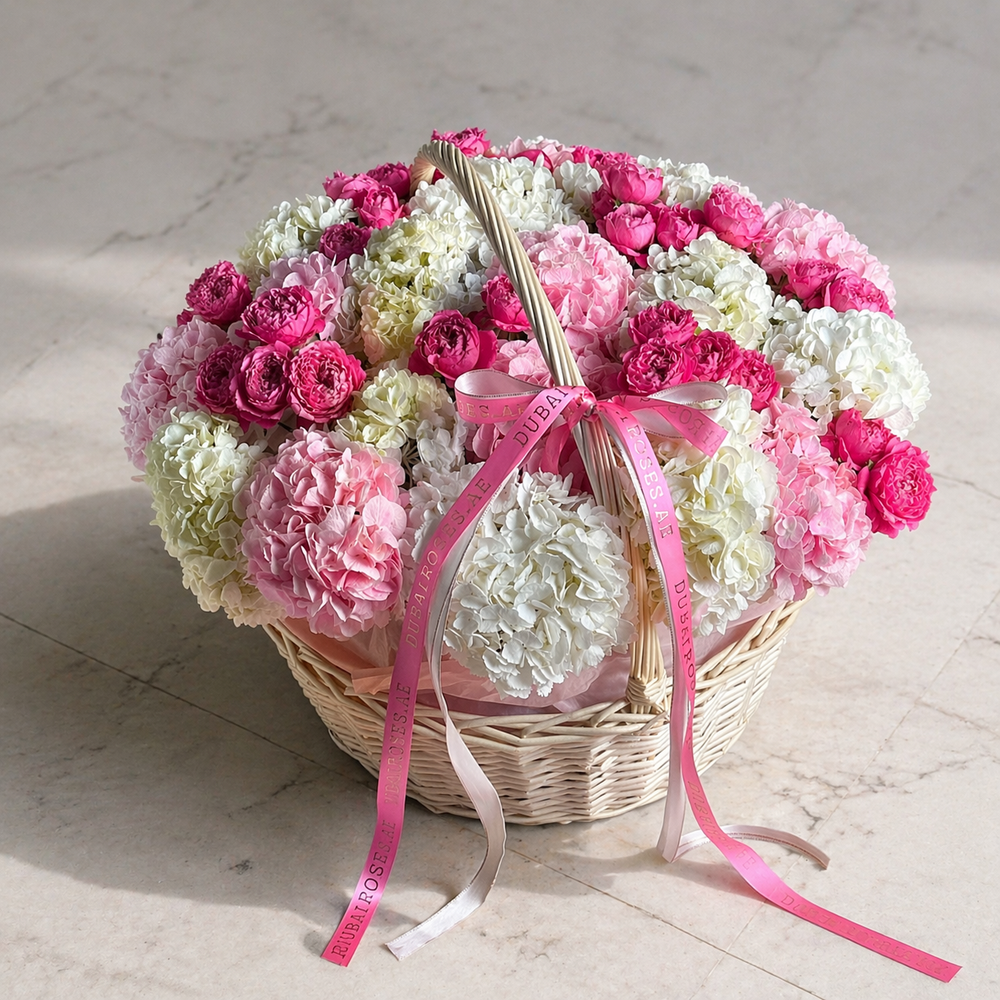 Pink & White Hydrangeas with Julietta Roses in Basket