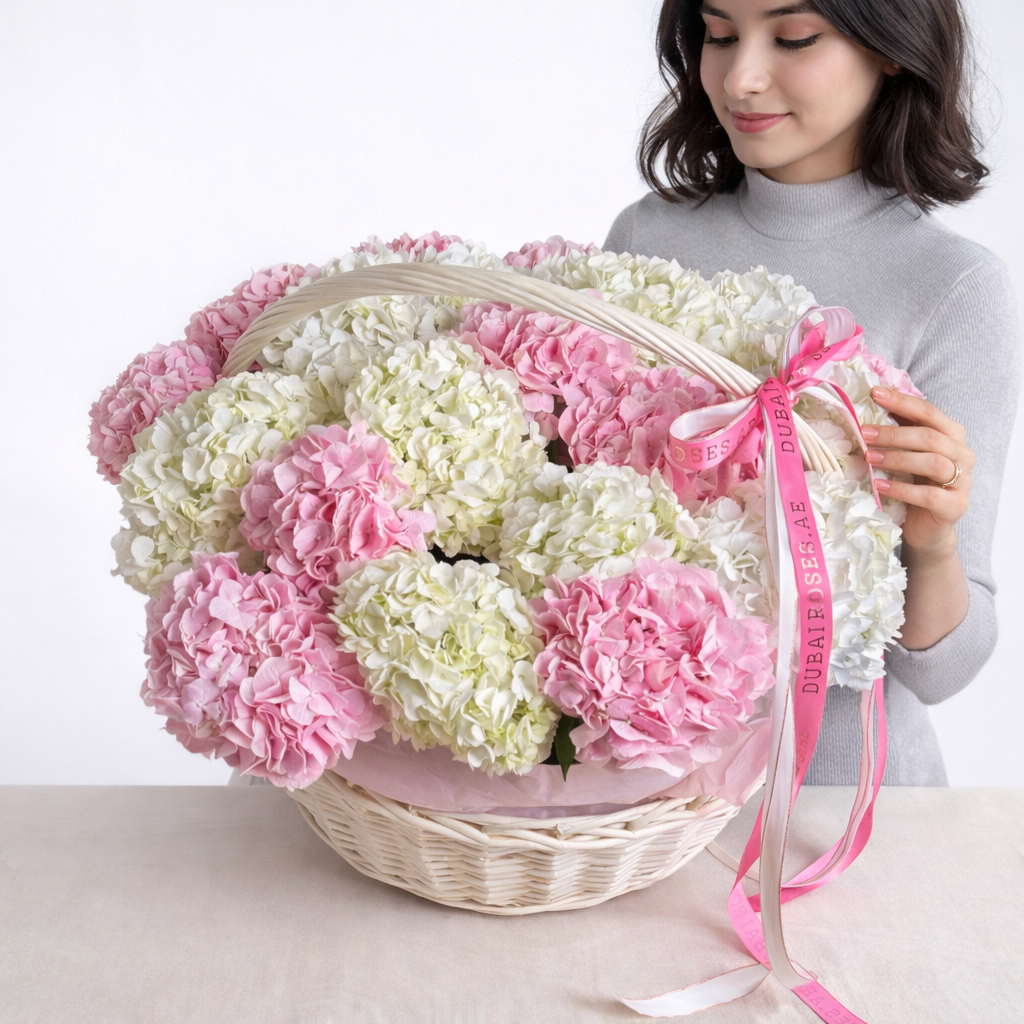 white and pink hydrangea basket 