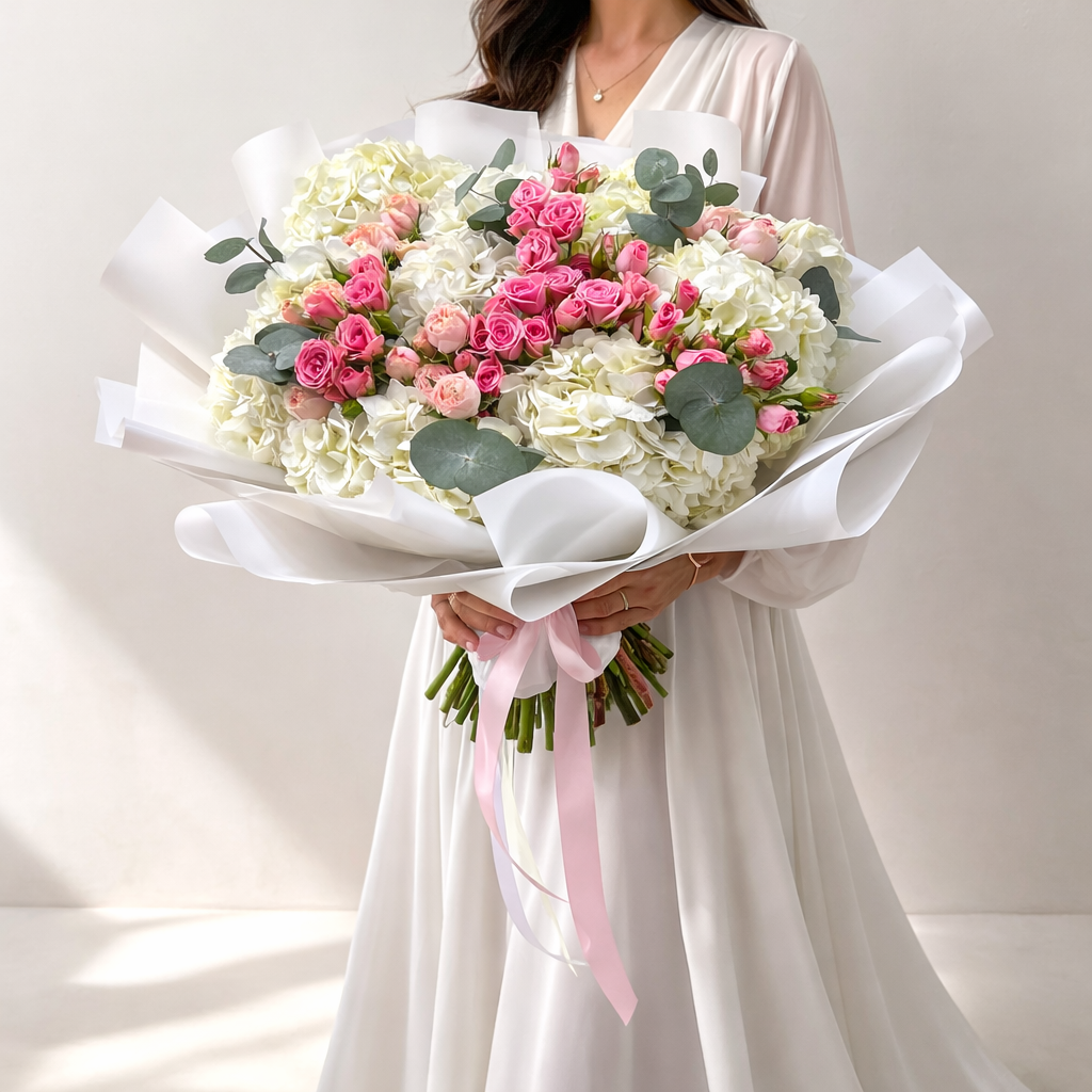 A massive, voluminous bouquet featuring large white hydrangeas and small pink spray roses in tiered white gift wrapping with a pink ribbon.