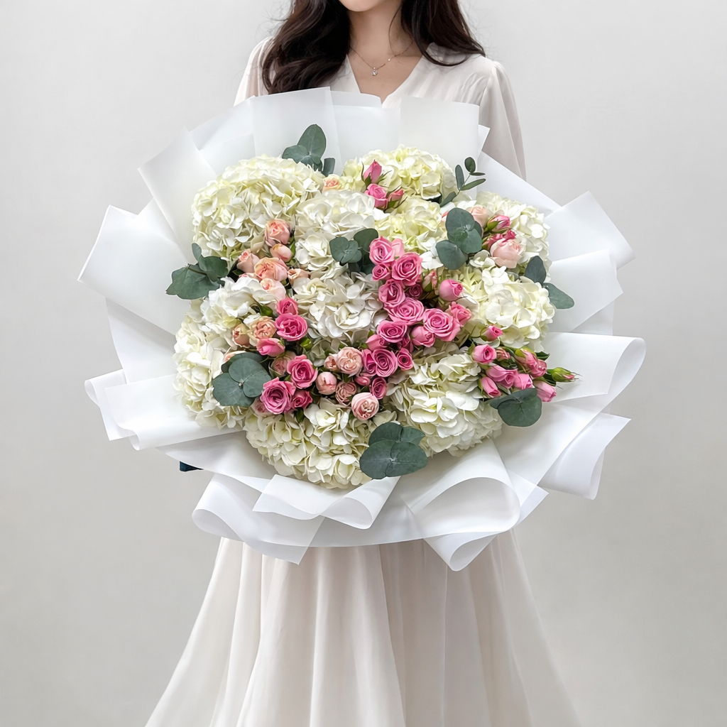 Bouquet of white hydrangeas and pink roses held by a person against a plain background
