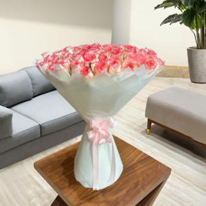 100 double color pink roses in white wrapping in dubai