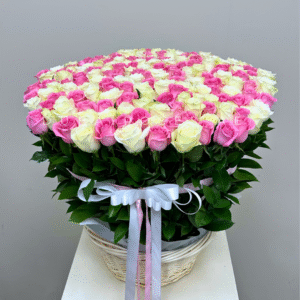 White and Pink Roses in Basket