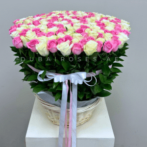 White and Pink Roses in Basket - Image 2
