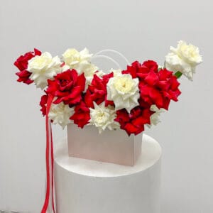 French red and white roses in box