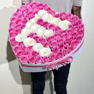 Pink Roses in Heart Box with letter E