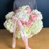White Hydrangea with Light Pink Julieta Roses in Basket
