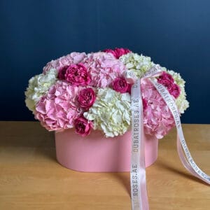 White and PinkHydrangea with dark Pink Julieta Roses in Pink Oval Box