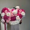 Luxury arangement of dark pink hydrangea, white ohara roses and julieta roses in basket 3