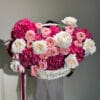 Luxury arangement of dark pink hydrangea, white ohara roses and julieta roses in basket 3