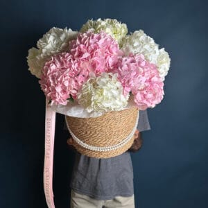 white and pink hydrangea new basket 1