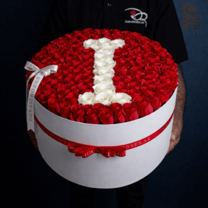 Red Roses in Round Box with Letter I